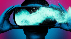 closeup of a woman holding the VR headset she's wearing